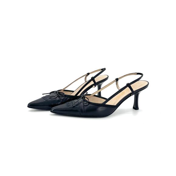 Vintage Chanel CC Logo Bow Black Leather Slingback Pointed Toe Pumps 38.5EU - Picture 1 of 8